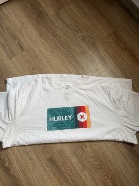 Hurley White Tee with Teal and Red-Orange Stripe Logo